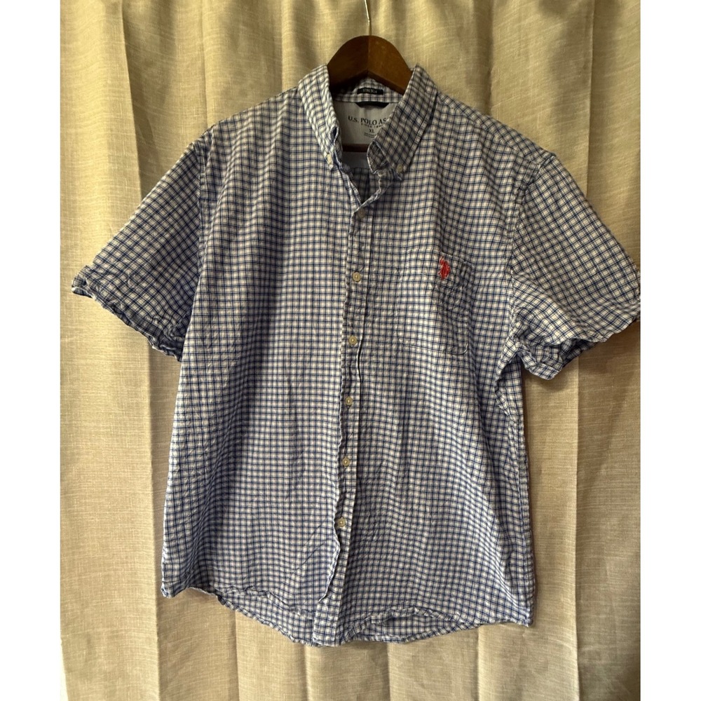 U.S. Polo Assn. Blue Plaid Stretch Short Sleeve Button Down Shirt Mens XL